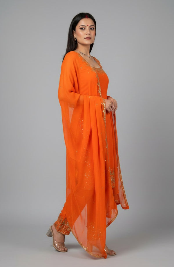 Orange Handwork Kurtha Set