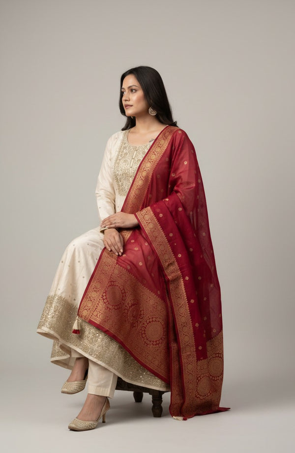 Cream Anarkali Kurtha Set