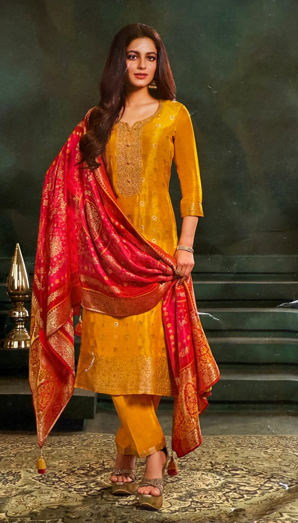 Yellow Kurtha Set with Pink Banarasi Shawl