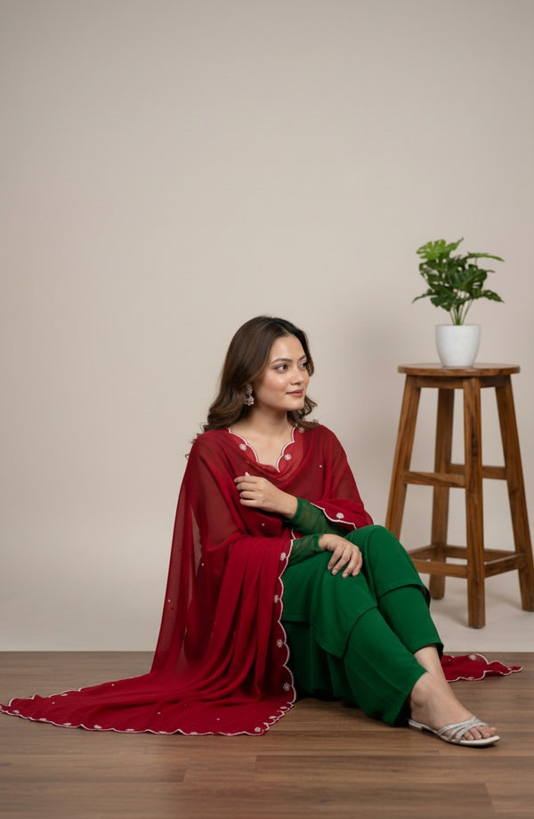 Green Georgette Kurtha Set