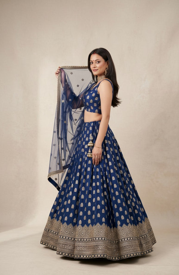 Navy Blue Banarasi Silk Lehenga