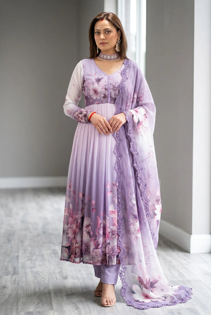 Lavender Floral Anarkali Set Nepmart