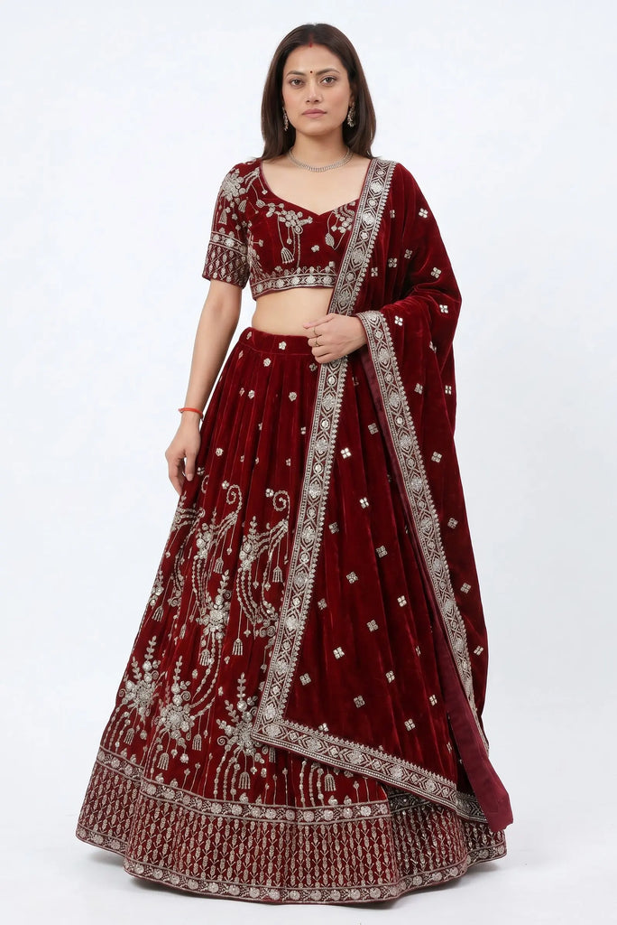 Maroon velvet Lehenga Set - Nepmart | Your Saree & Lehenga Shop