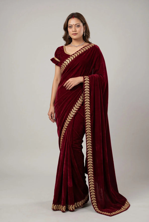 Maroon Velvet Saree perfect for Teej sari Nepmart