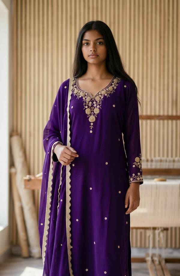 Purple Handwork Kurtha Set