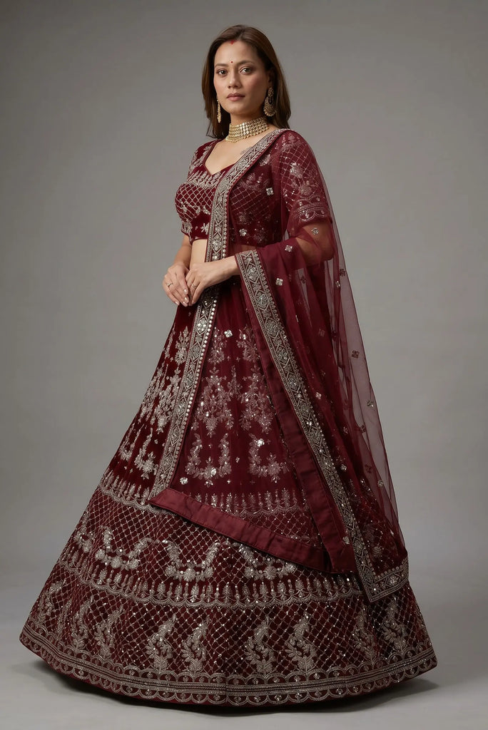Maroon velvet Lehenga Set - Nepmart | Your Saree & Lehenga Shop
