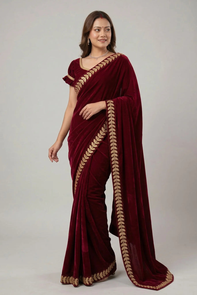 Maroon Velvet Saree perfect for Teej sari Nepmart