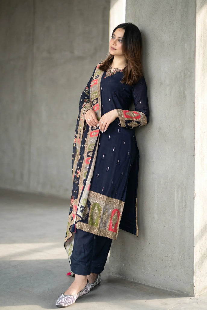 Navy Blue Chinon Rajasthani Kurtha Set Nepmart | Your Saree & Lehenga Shop
