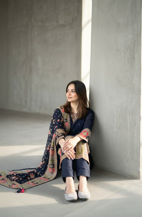 Navy Blue Chinon Rajasthani Kurtha Set