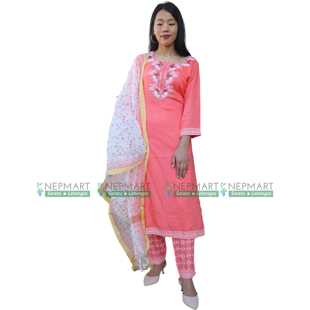 Pink Kurti with White Shawl