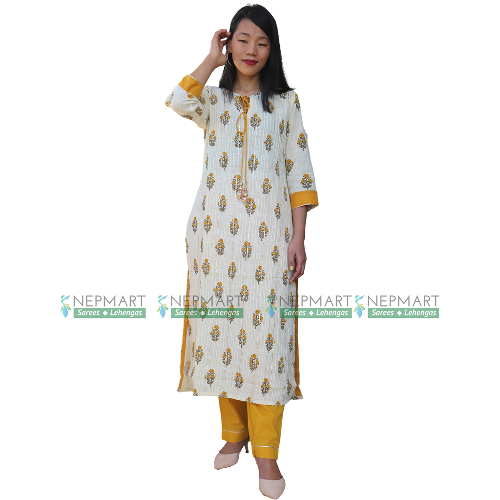 White and Mustard Cotton Kurti Set