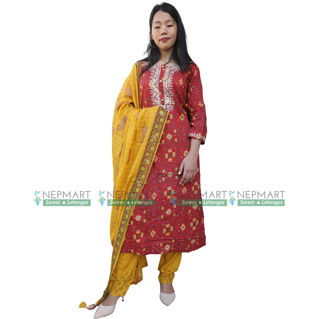 Dark Red Kurti Set with Yellow Shawl