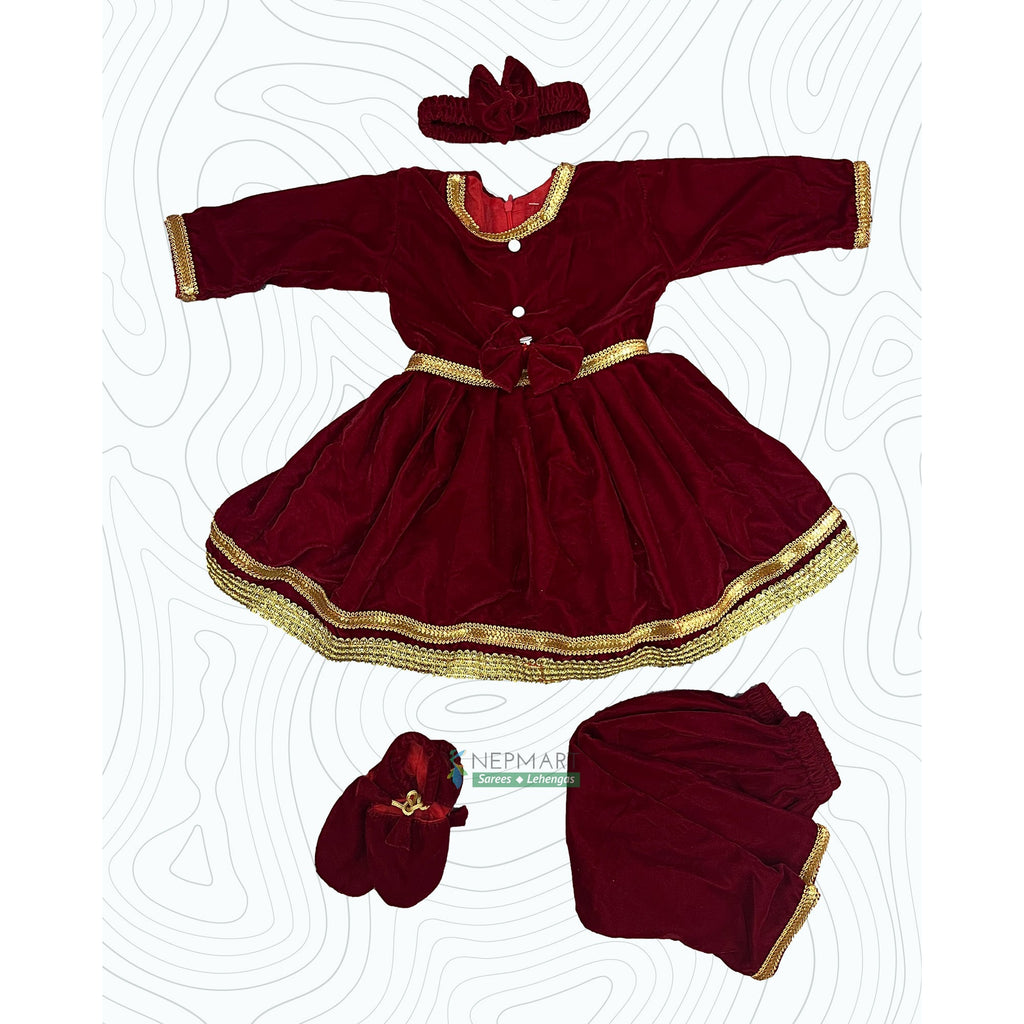 Velvet Maroon Pasni Set For Baby Girl