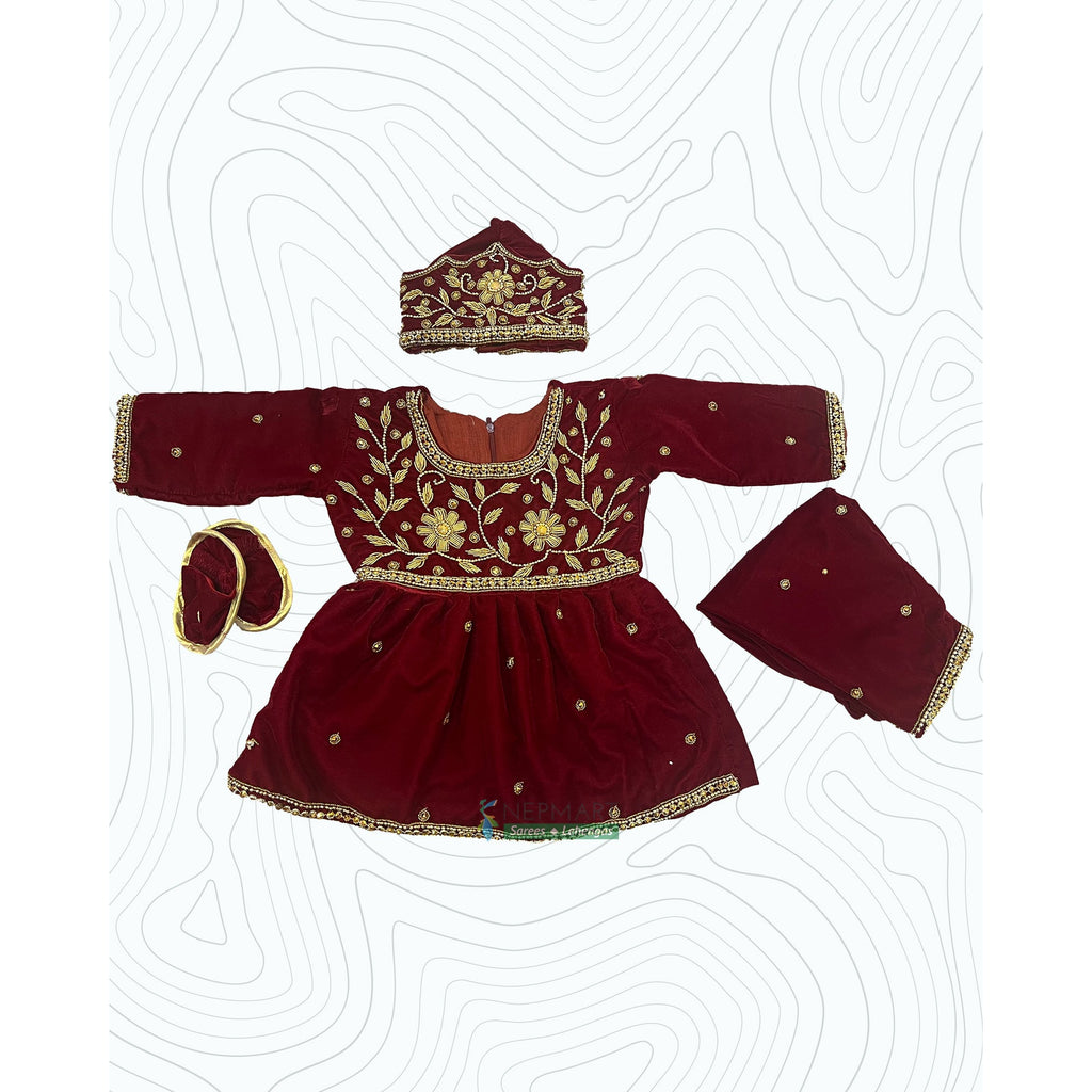 Maroon Velvet Girls Pasni Set