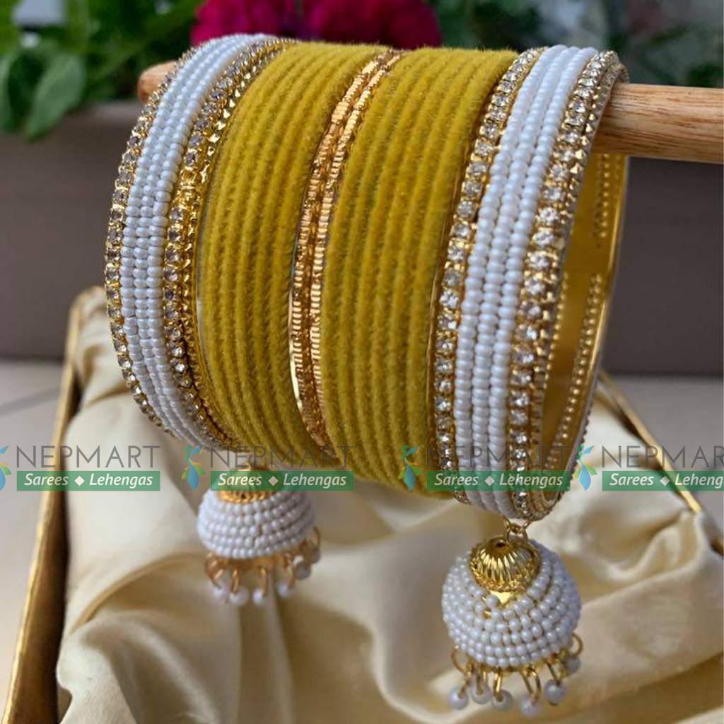 Mustard Yellow Velvet Bangle Chura Set