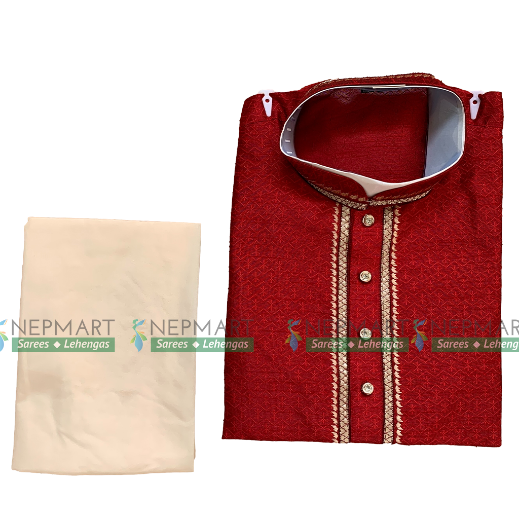 Red Silk Men Kurta Pyjama